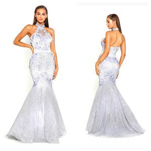 PORTIA AND SCARLETT Ice Queen Blue Silver Glitter Flower Halter Mermaid Gown 0